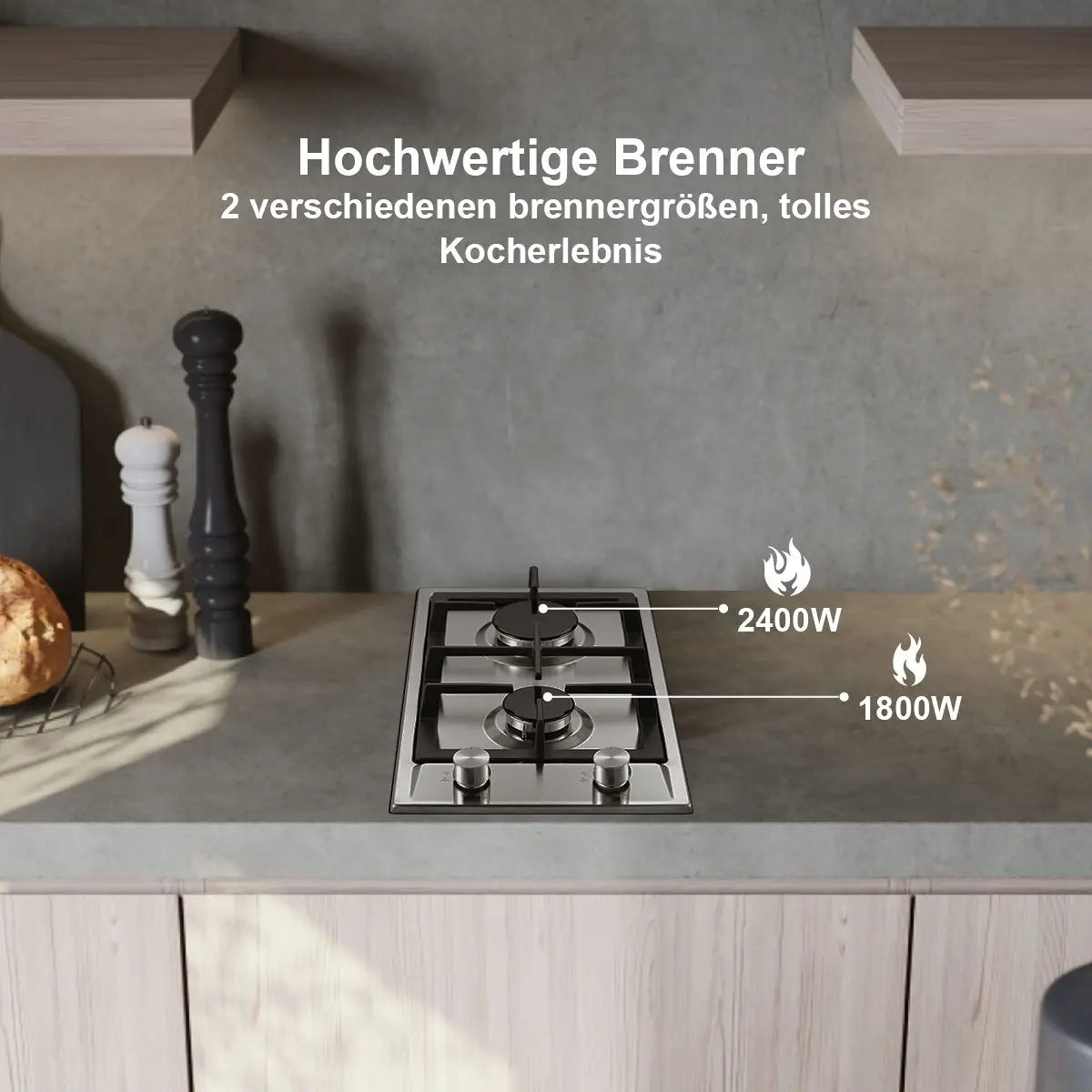 Stainless Steel Gas Hob Automatic Flame Protection 2 Bulbs | Dual Fuel Natural Gas/Propane Built-in/Freestanding 2400W 220-240V.