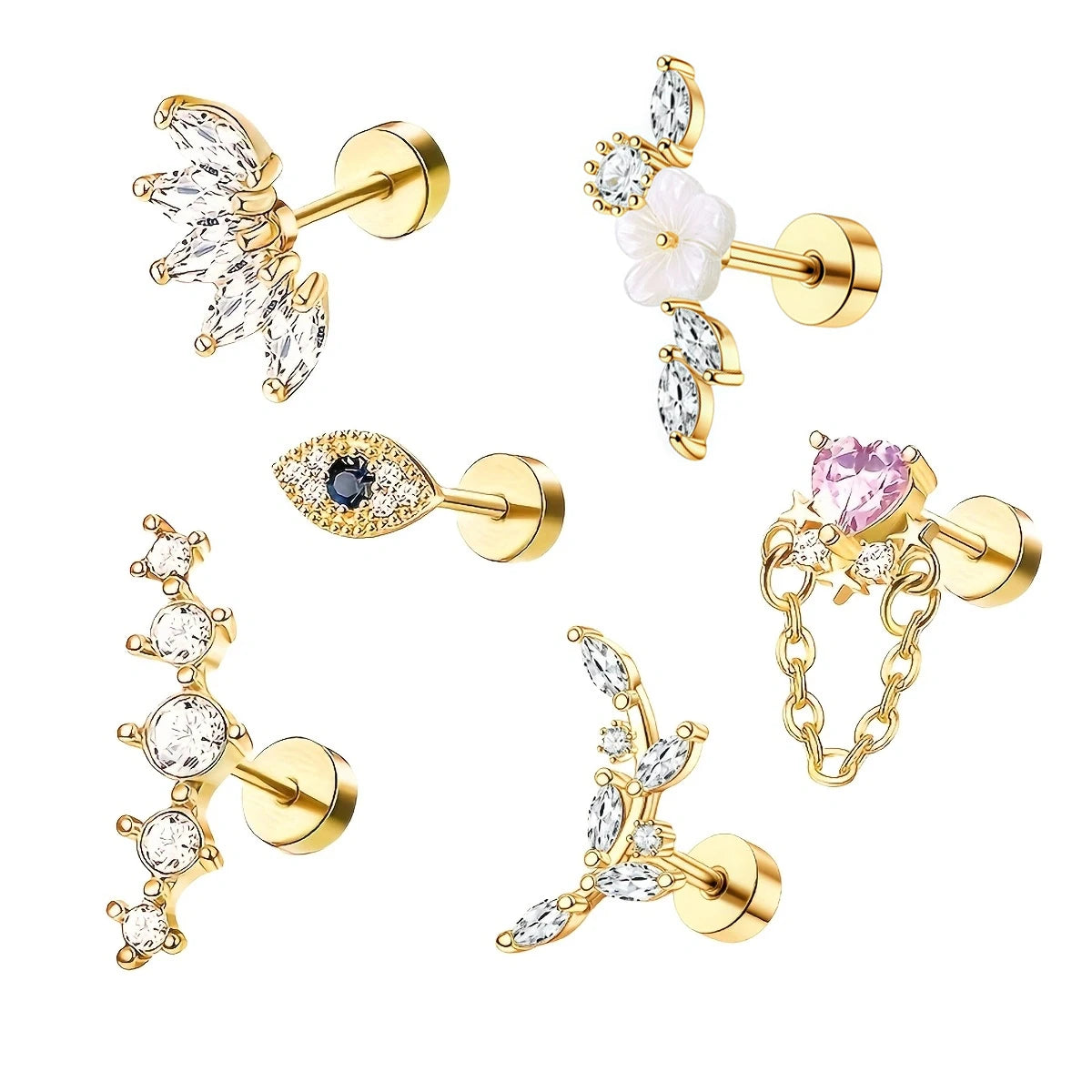 6Pcs 316 Stainless Steel Flat Back Spiral Ear Skull Stud Earrings,Shiny Cubic Zirconia Chain Screw Stud Piercing Jewelry Gifts.