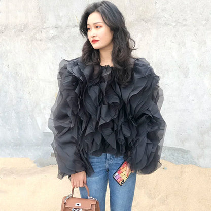 TWOTWINSTYLE Elegant Patchwork Ruffles Chiffon Blouses Women O Neck Lantern Long Sleeve Loose Shirt Female Clothing Fashion.