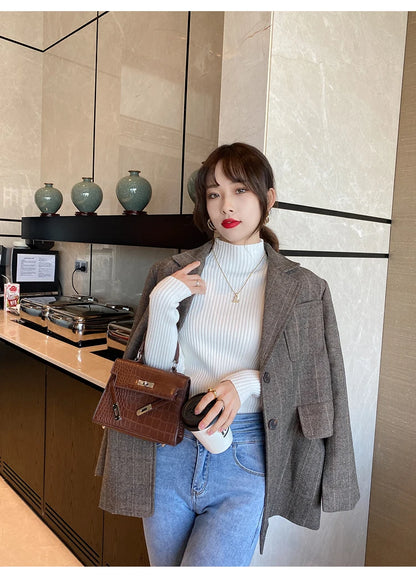 Winter Langarm Mock Neck Gestrickte Frauen Pullover Pullover Schlank Stricken Pullover Frauen Tops Blusas Mujer De Moda 2024 Blusa J995.