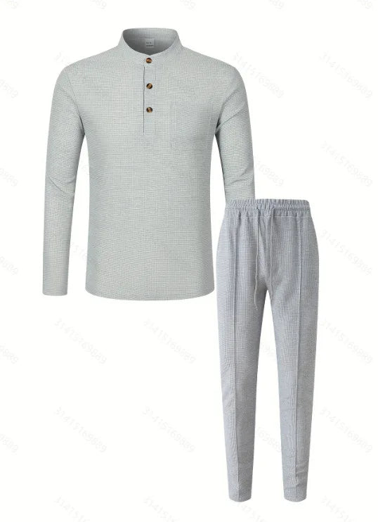 Men's Waffle Check Stand-Up Collar Semi-Casual Business Suit Two-Piece Set Button-Down Top with Comfortable Trousers.