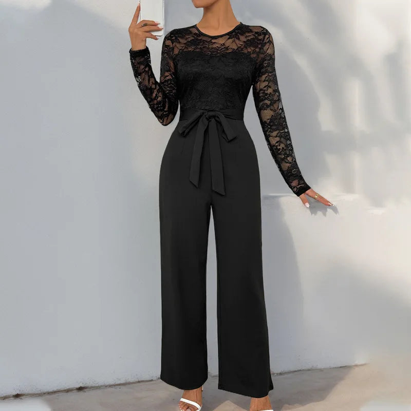 Spring New Women's Sexy Lace Spliced Long Jumpsuit Fashion Solid Color Hollow Long Sleeve Casual Laces Wide Leg Jumpsuit Women.