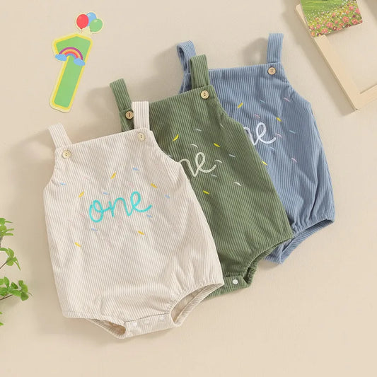 Baby ersten Geburtstag Stram pler, ärmellose Knopf verschluss Buchstaben Bodysuit lässige Overalls für Mädchen Jungen.
