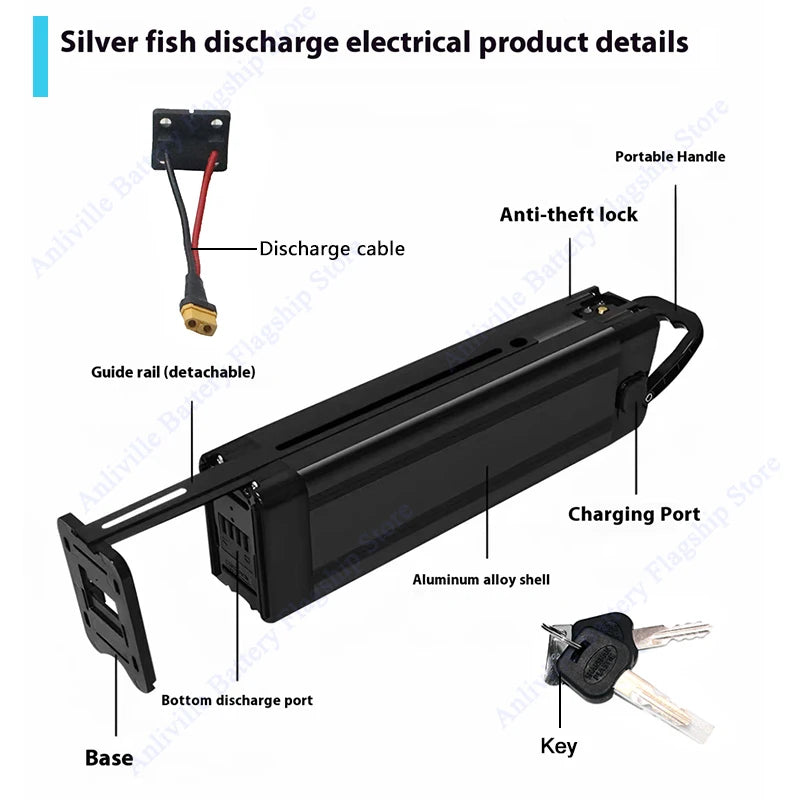 Silver Fish 36V/48V/52V/60V 10Ah 12Ah 15Ah 20A removable Lithium battery pack built-in BMS For 250W-1800W Folding E-two wheeler.