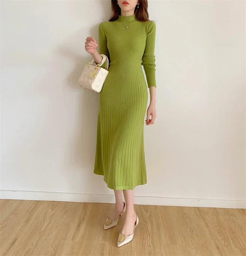 Herbst Winter schlankes Langarm Party Midi Kleid für Frauen gestrickt halbhohen Kragen elegante Strick pullover Kleider Damen.
