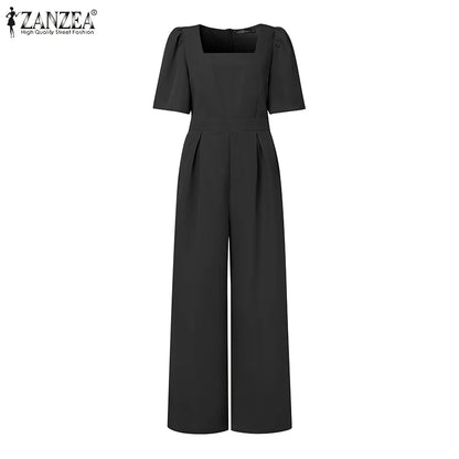 ZANZEA Street Fashion Elegant Womens Jumpsuits Sqaure Neck Short Sleeve Fitted Waist Wide Leg Pant Overalls Summer Streetwear.