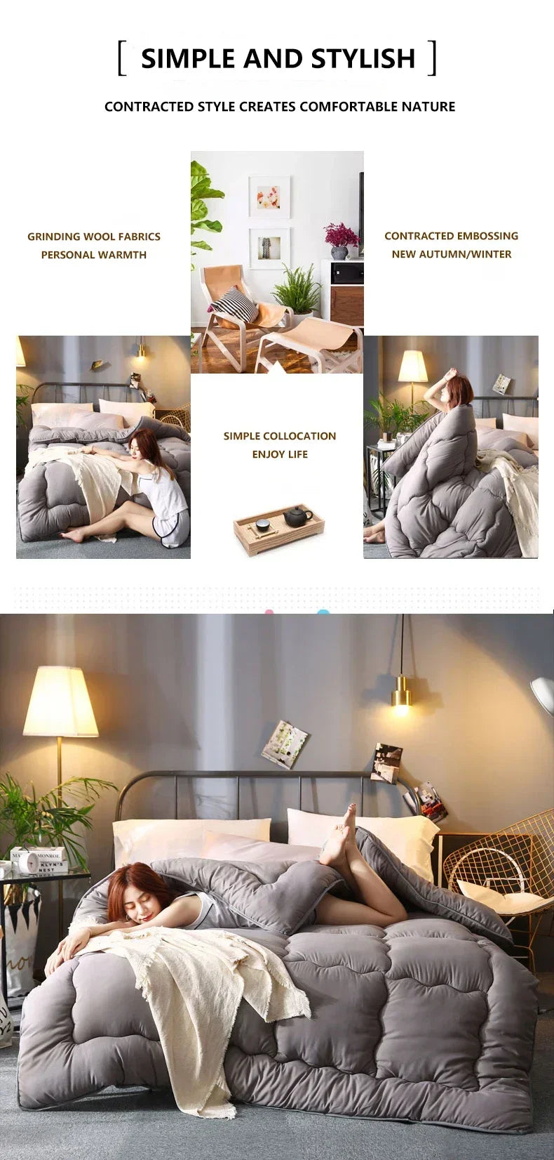 Grey thick quilted winter hotel style quilt Comforter Queen King soft winter quilt very warm220x240Quilts  - et.