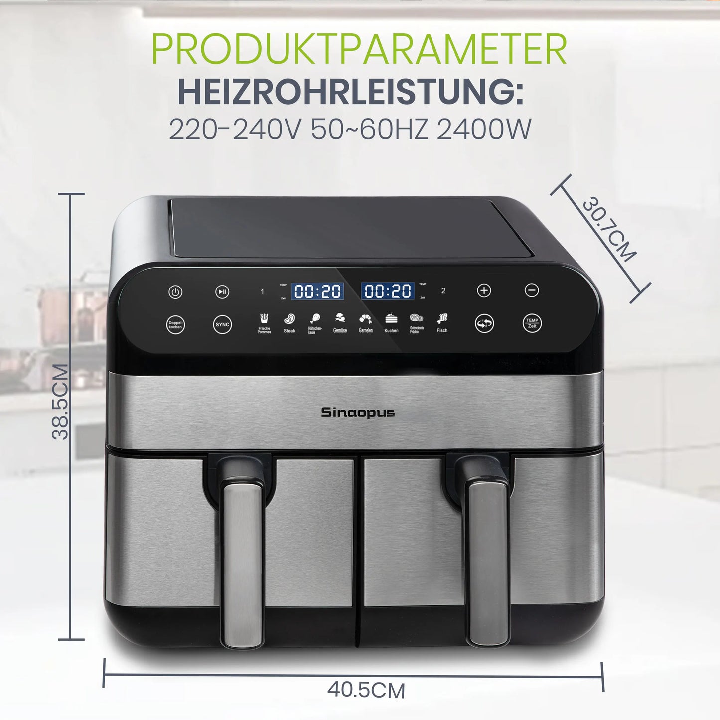 10L Hot Air Fryer Dual Basket for Easy Fry Touchscreen 2400w Electric Hot Fryer Oven Adjustable Time 8 Cooking Functions.