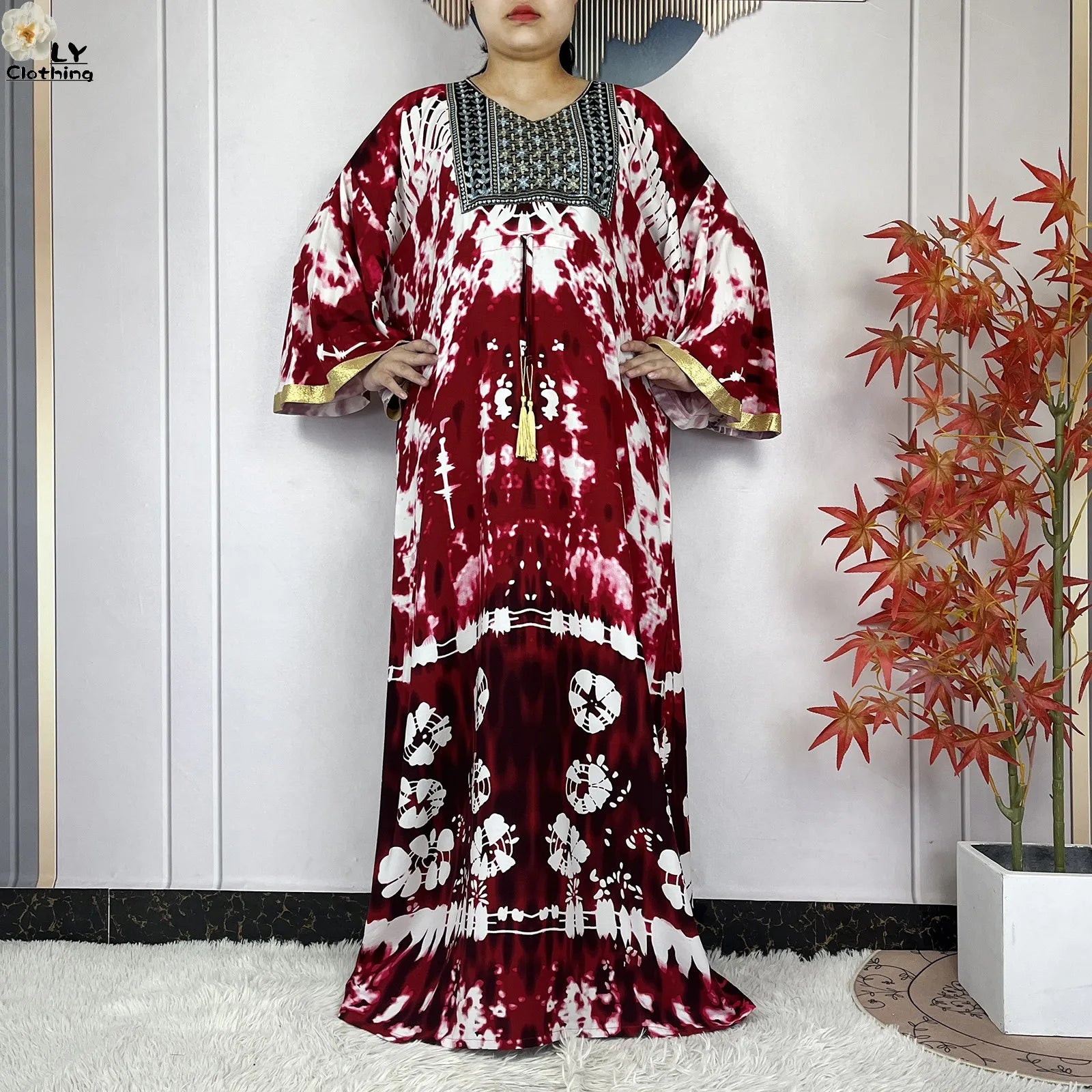 2025 New African Abaya For Women Dress Loose Batwing Sleeve Pockets High-quality Tie-dye Pure Cotton Fabric Women Islam Clothing.