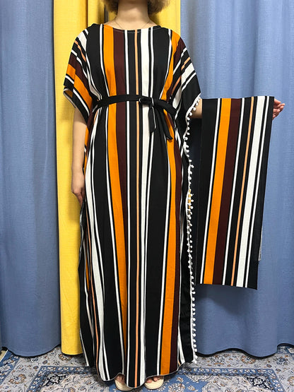 Abayas For Women 2024 Printed Vertical Stripe Tassels Elasticity Loose Fit Femme Robe African Woman Dresses With Belt Headscarf.