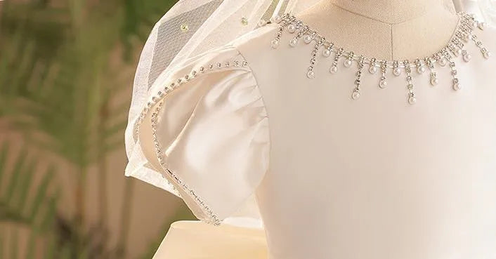 Sommer Solide Perlen Prinzessin Kleid Rundhals Elegante Kinder Brautjungfer Kleidung Luxus Kleider für Hochzeit Edle Kind Kleidung.