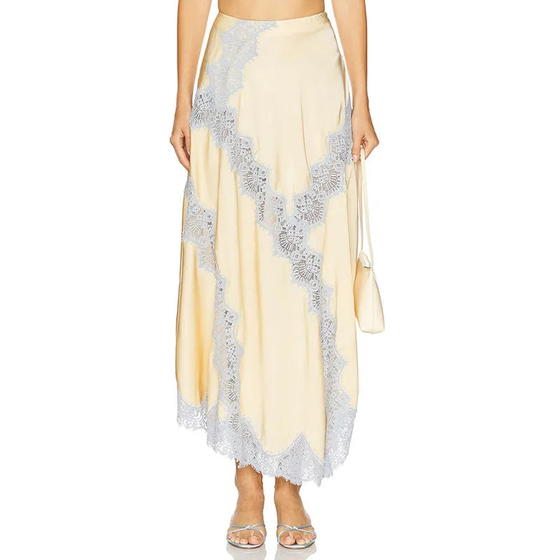 Elegant Sleeveless V Neck Vest High Waist A Line Skirt Fashion Lace Patchwork Skirt Set for Women Lady 2 Pcs Outfits Streetwear.