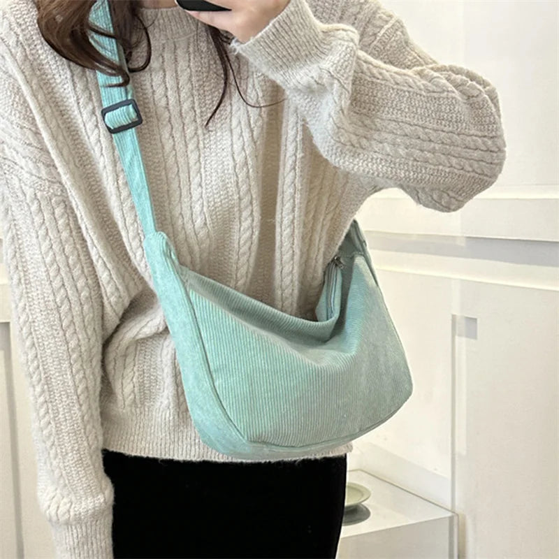 Corduroy Shoulder Bag Minimalist Crossbody Bag Women's Handbags Fashion Fabric Underarm Bag Solid Color Zipper Female Handbag.