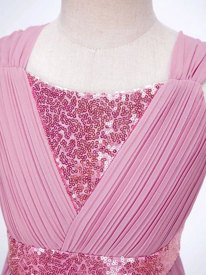 Kinder Blumenmädchenkleid Ärmellos Pailletten Hi-Low-Saum Abendkleid Elegantes Chiffon Prinzessin Geburtstag Formales Hochzeitskleid.