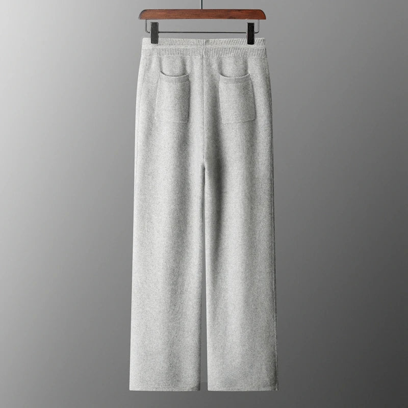 4PINK Thickened 100% Pure Cashmere Pants Men High Waist Knitted Wide Leg Pants Solid Color Lace Up Straight Pants Elastic Waist.