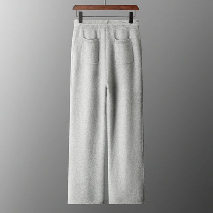 4PINK Thickened 100% Pure Cashmere Pants Men High Waist Knitted Wide Leg Pants Solid Color Lace Up Straight Pants Elastic Waist.