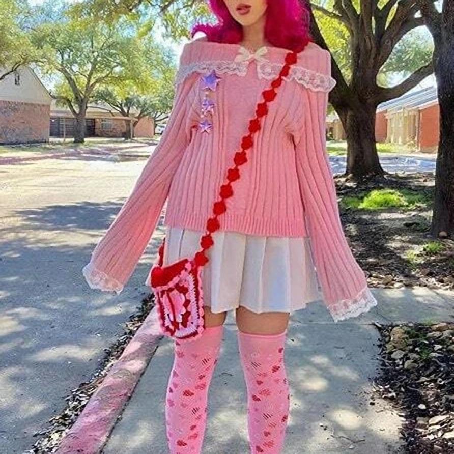 Grunge Frauen Schulterfrei Strickpullover Rosa Pullover Süße Pullover Langarm Schleife Spitze Patchwork Pullover Y2k Streetwear.