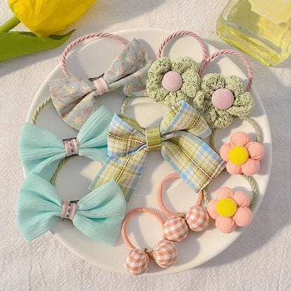 Kawaii Flower Bow Scrunchies Set Children Gift Girls Elastic Hair Rubber Bands Accessories Tie Hair Ring Rope Headdress Headwear.