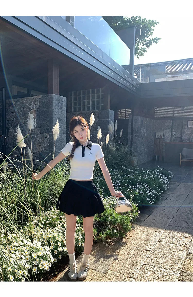 Women's Slim Fit Short Sleeve Polo Shirt Summer New Color Collision Design Red T-Shirt Top Fashionable Casual Business Wear