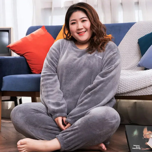 Winter Pajamas Coral Fleece Warm Pajamas Set Thick Long Sleeve Large Size 85kg Outside Pajamas Elastic Waist Trousers Pajama Set.