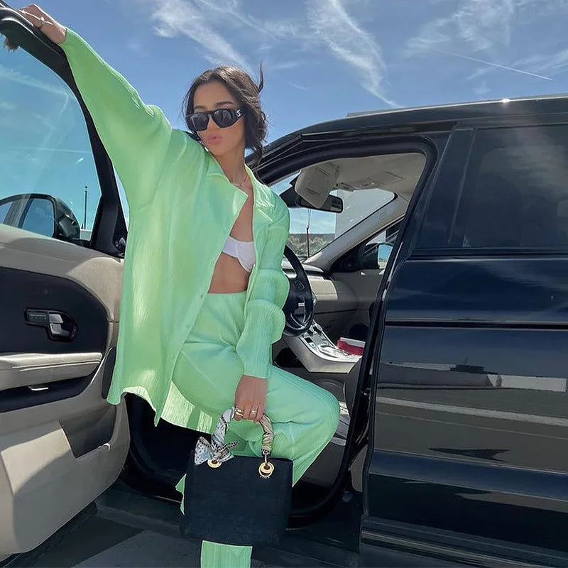 2024 Spring Autumn Women's New Solid Color Button Shirt Long Sleeve Drop Feel Loose Soft Wrinkle Casual Two Piece Set