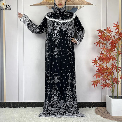 Muslim Ramadan Prayer For Women Long Sleeved Floral 2023Dubai Turkey Middle East Femme Loose Robe African Abayas Headscarf Dress