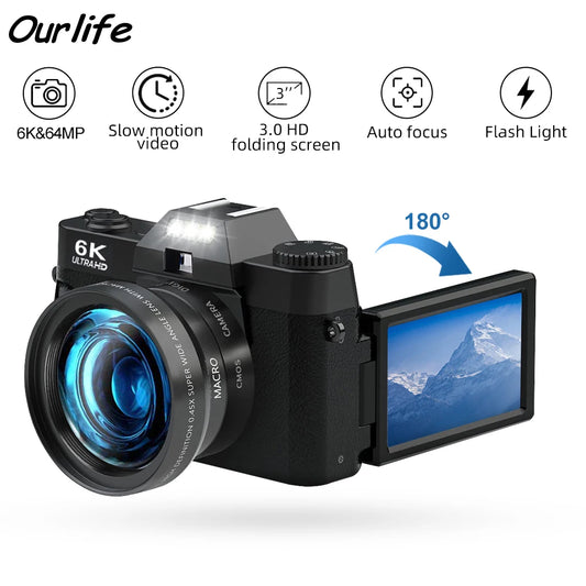 6K Digital Photography Camera 16X Digital Zoom 64MP Vintage Vlog Video Recorder YouTube 180° Flip Screen WiFi Web Cam With Flash.