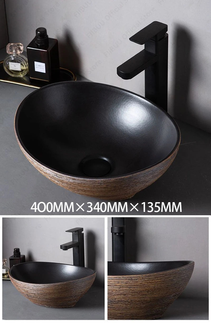 Braunes Porzellan-Keramik-Waschbecken über der Theke, Waschtisch, Schüsselbecken, Badezimmer, Sanitär, Balkon, Tisch, Waschbecken, Arbeitsplatte, ovales Waschbecken