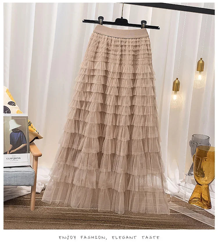 Chamliforve Women Tulle Mesh Skirt Elegant Elastic Waist Fairy Long A-line Tutu Skirt for Spring Summer Long Cake Skirt