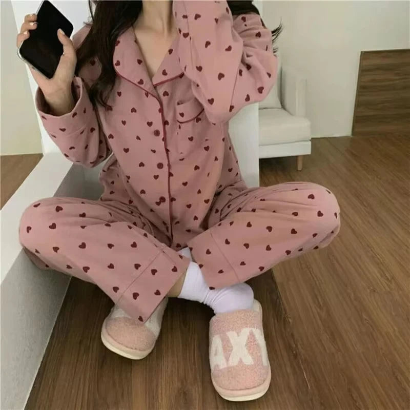 M-XXL Large Size Nightwear Women Sleepwear Autumn and Winter Cardigan Home Wear Peach Heart Long Sleeves School Silk Pajamas.