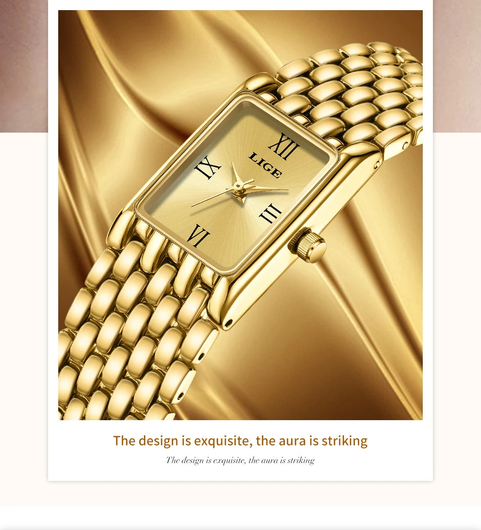 LIGE Silver Watch for Women Square Ladies Quartz Wristwatches Stainless Steel Women Small Gold Watch Luxury Casual Fashion Watch.