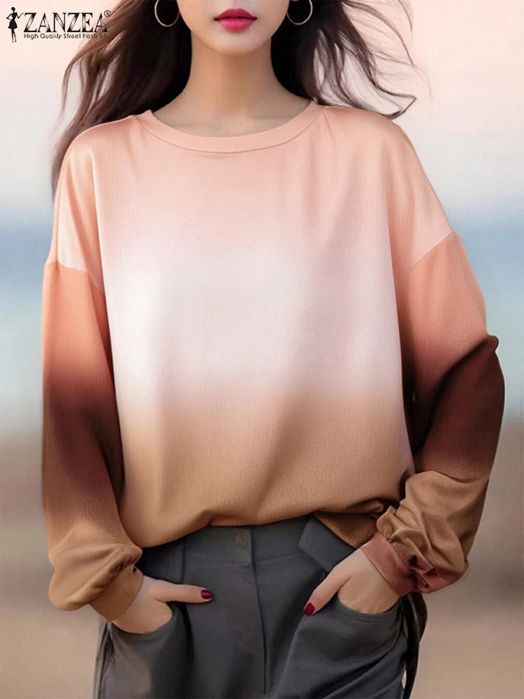ZANZEA Plus Size Sweatshirts Women Long Sleeve Autumn Fashion Hoodies Gradient Color Round Neck Causal Loose Pullovers 2025 5XL.