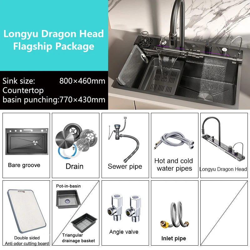 Stainless Steel Waterfall Kitchen Sink Extra Large Single Slot Multifunctional Sinks Digital Display Dishwashing Basin