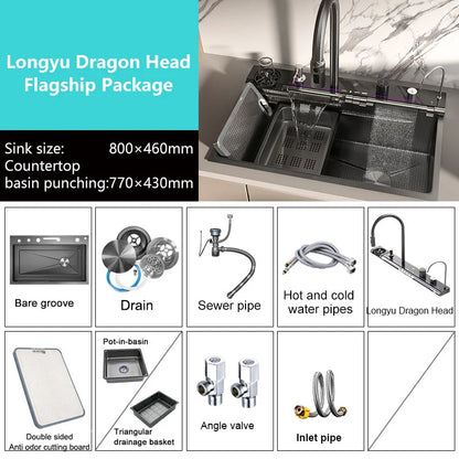 Stainless Steel Waterfall Kitchen Sink Extra Large Single Slot Multifunctional Sinks Digital Display Dishwashing Basin