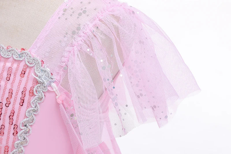 Mädchen rosa Pailletten Mesh Prinzessin Kleid, Mesh kurze Ärmel, mit Umhang, geeignet für Party, Tanz, Performance, Karnevals kleid.