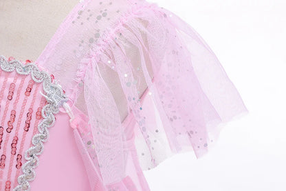 Mädchen rosa Pailletten Mesh Prinzessin Kleid, Mesh kurze Ärmel, mit Umhang, geeignet für Party, Tanz, Performance, Karnevals kleid.