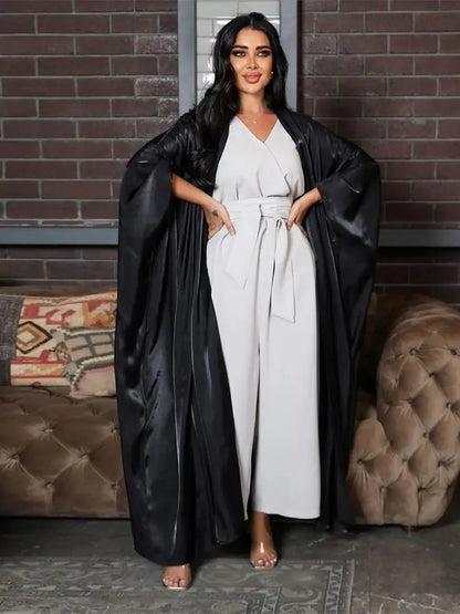 Ramadan Dubai Pink Satin Modest Open Butterfly Batwing Kimono Abaya Cardigan Islam Muslim Dress For Women Kebaya Robe Musulmane.