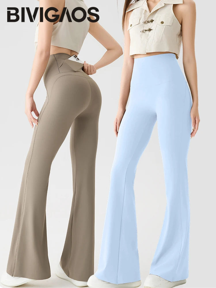 BIVIGAOS Naked Feeling Back Waist Pocket Sharkskin Micro Flared Leggings Women's Tight Sexy Sports Fitness Yoga Casual Pants.