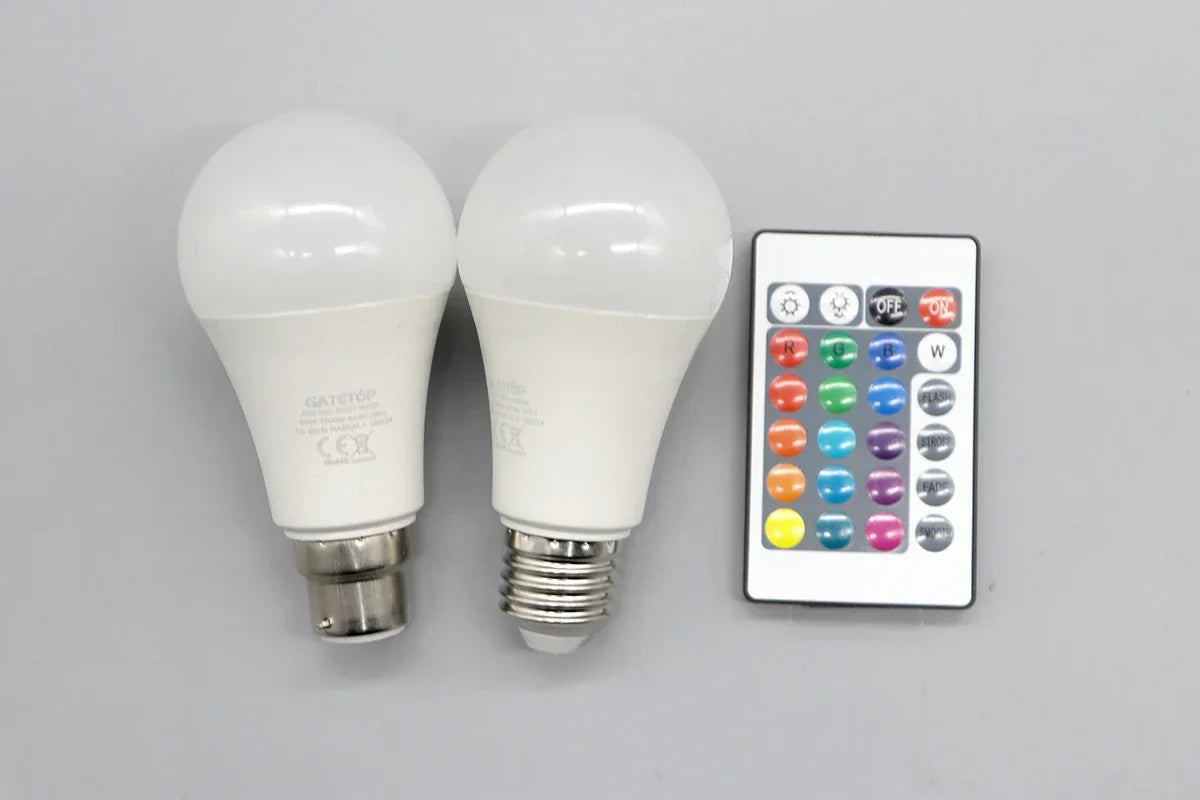 E27 RGB LED Bulb Base 24 Key Remote Control Dimmable 10W RED Blue AC220V 110V Colorful Change for Bedroom Living Room Desk Lamp.