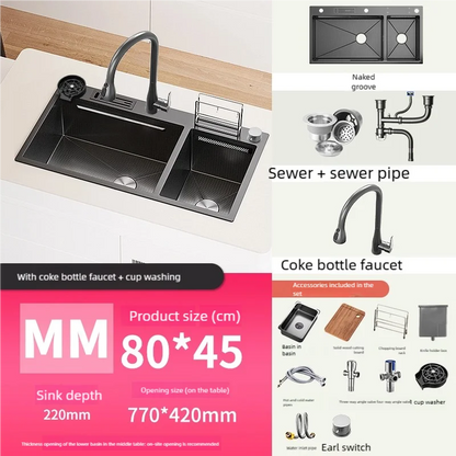 Waterfall Kitchen Sink Stainless Steel Large Double Slot With Chopping Board Rack Knife Holder Multifunctional Dishwash Basin