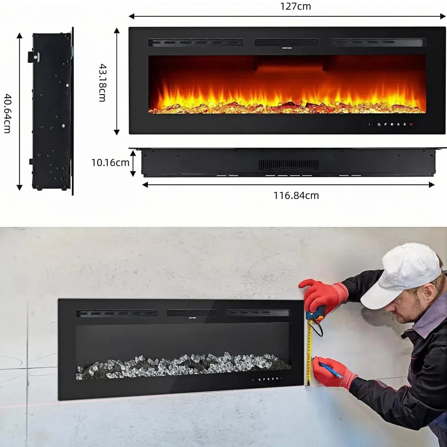 40/50/60inch Wall-Mounted Electric Fireplace, 220V 1500W, Two Levels Of Heating, 3D 12LED Color Modes and Realistic Flame Effect.