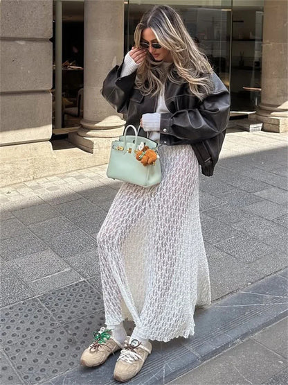 Tossy Fashion Summer Lace Long Skirt Women See-Through Slim High Waist Hollow Out Patchwork Elegant Commute Female Maxi Skirt