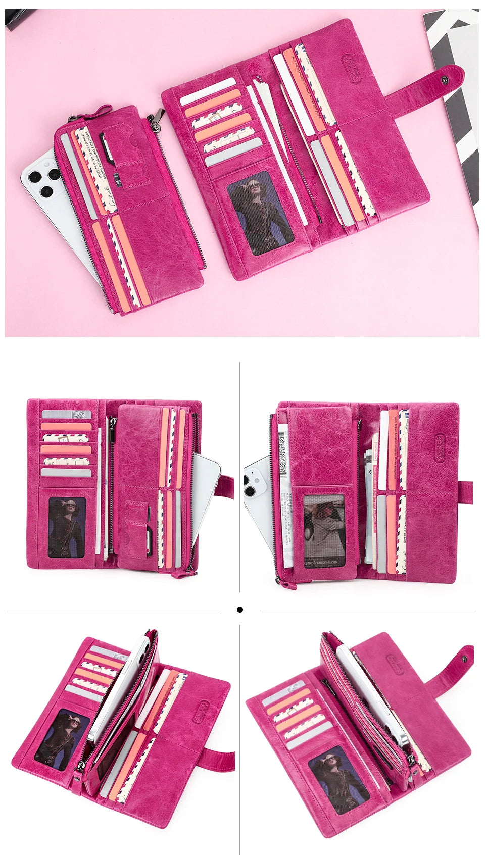 Contact's New Genuine Leather Wallet Fashion Coin Purse For Ladies Women Long Clutch Wallets With Cell Phone Bags Card Holder.