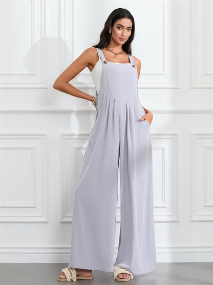 Women Fashion Jumpsuits Sleeveless Buttons Suspender Wide Leg Pant Overalls with Pockets Casual Loose Romper Streetwear