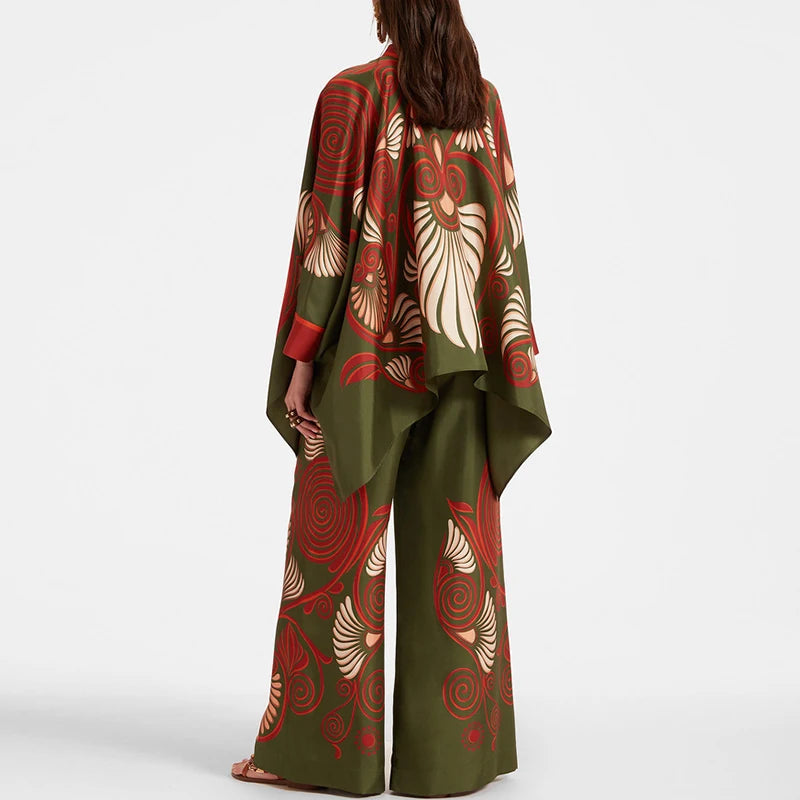 Retro Printed Loose Indie Folk Outfit Women Spring Stand Collar Button Irregular Top+Pant Set Fall Batwing Long Sleeve 2pcs Suit.