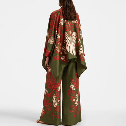 Retro Printed Loose Indie Folk Outfit Women Spring Stand Collar Button Irregular Top+Pant Set Fall Batwing Long Sleeve 2pcs Suit.