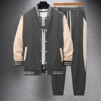 Autumn and winter new thick baseball suit casual men's stand collar cardigan coat matching color sports long sleeve pants suit.