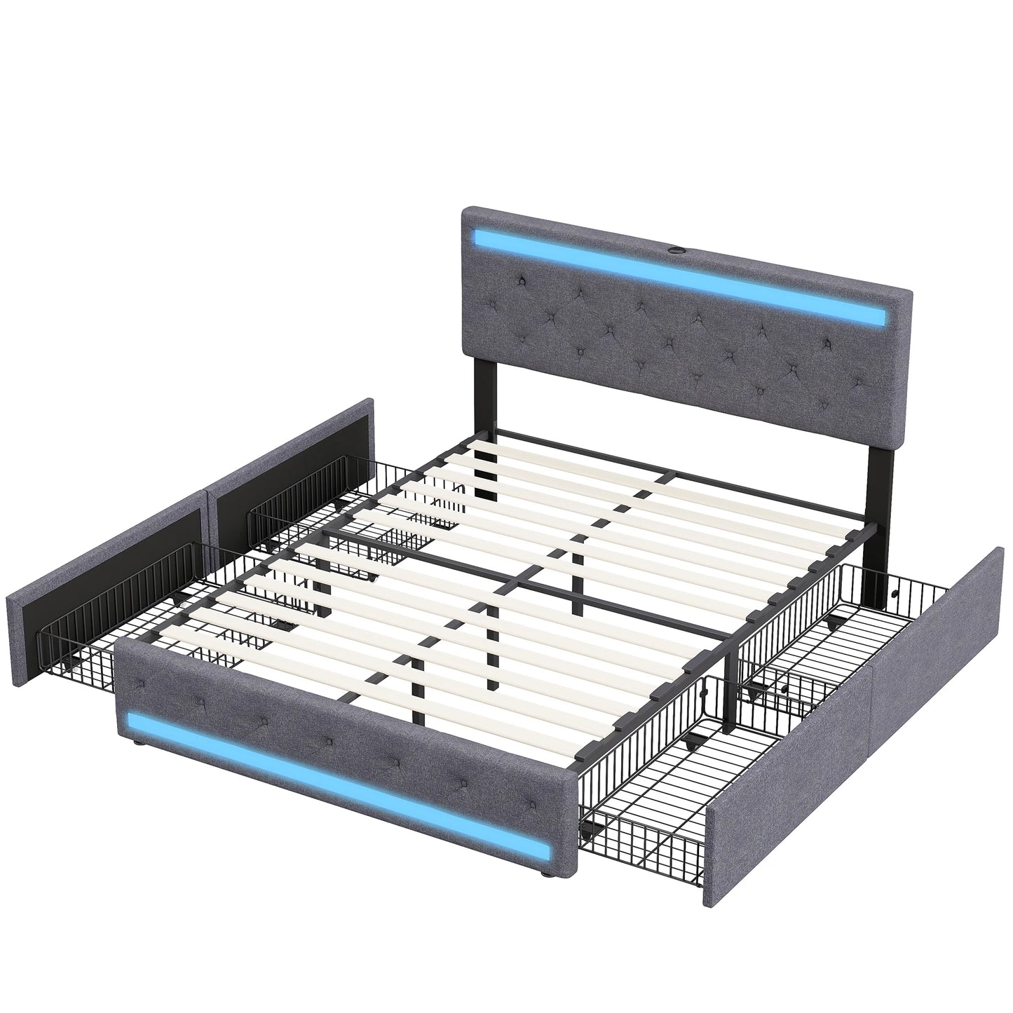 Comanlai 140 x 200 cm/160 x 200 cm/180 x 200 cm Doppelbett mit LED-Licht und 4 Schubladen, gepolstertes Bett mit USB-Ladeanschluss, Leinen