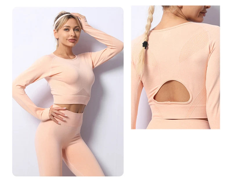 Women Yoga 2 Pieces Workout Outfits Seamless High Waist Leggings Sports Crop Top Running Clothes Sets