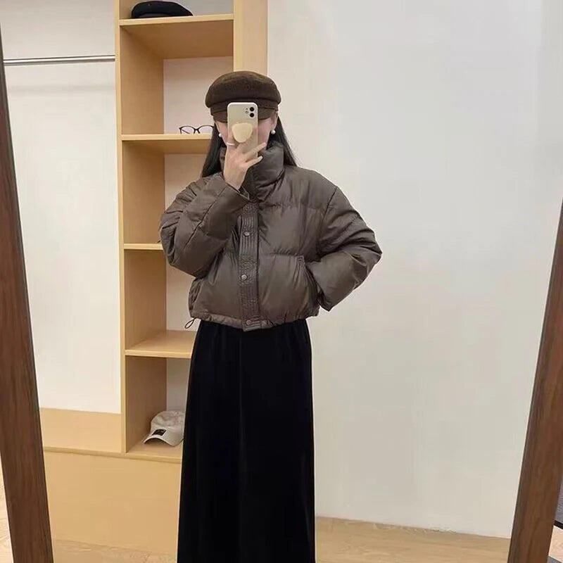 Winter Warme Dicke Parkas Frauen Neue Mode Lose Ernte Jacke Weibliche Schwarz Baumwolle Gepolsterte PU Leder Elegante Zipper Mantel Y2K Tops.